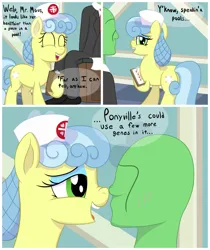 Size: 4000x4768 | Tagged: suggestive, artist:mariculture, ponerpics import, nurse coldheart, nurse snowheart, oc, oc:anon, earth pony, human, pony, bedroom eyes, blushing, boop, comic, dialogue, examining table, eyeshadow, hat, image, makeup, noseboop, nurse, nurse hat, open mouth, png