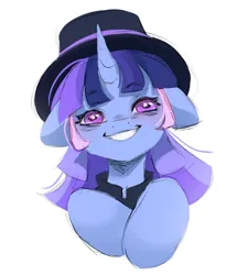 Size: 874x1014 | Tagged: safe, artist:melodylibris, derpibooru import, oc, oc:flawless sparklemoon, pony, unicorn, bust, female, floppy ears, fusion, fusion:trixie, fusion:twilight sparkle, fusion:twixie, grin, hat, horn, image, jpeg, looking at you, mare, my little pony the movie: the death of twilight sparkle, simple background, smiling, smiling at you, solo, starry eyes, top hat, white background, wingding eyes