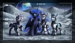 Size: 3423x1969 | Tagged: safe, alternate version, artist:helmie-art, derpibooru import, nightmare moon, oc, oc:astral azure, oc:morning frost, oc:orion zephyr, alicorn, earth pony, pegasus, unicorn, fanfic:somnambulance, camera shot, crater, earth, earth pony oc, ethereal mane, group photo, horn, image, looking at you, moon, pegasus oc, png, smiling, smiling at you, space helmet, spacesuit, stars, unicorn oc, wings