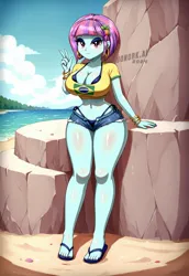 Size: 1280x1856 | Tagged: suggestive, artist:sonork91, machine learning generated, ponerpics import, sunny flare, human, equestria girls, friendship games, beach, big breasts, bikini, brazil, breasts, busty sunny flare, cleavage, clothes, curvy, daisy dukes, hips, hourglass figure, image, jpeg, midriff, panties, shorts, solo, swimsuit, thighs, thong, underwear