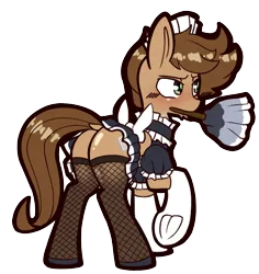 Size: 2049x2169 | Tagged: suggestive, artist:chiefywiffy, derpibooru import, oc, oc:petrichor, unofficial characters only, pegasus, pony, blushing, butt, clothes, crossdressing, dock, duster, frog (hoof), image, leggings, maid, male, pegasus oc, plot, png, raised hoof, socks, stallion, stallion oc, tail, underhoof, wings