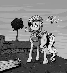 Size: 872x939 | Tagged: safe, artist:koviry, derpibooru import, fluttershy, breezie, pegasus, pony, g4, bag, black and white, column, duo, female, folded wings, grayscale, image, jpeg, looking at someone, looking back, mare, monochrome, outdoors, saddle bag, standing, stray strand, wings, zanzarah: the hidden portal