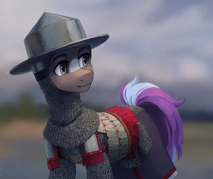 Size: 1779x1500 | Tagged: safe, artist:koviry, derpibooru import, oc, oc:pronoiar glimmer, unofficial characters only, earth pony, pony, armor, blurry background, brown coat, brown eyes, chainmail, cheek fluff, clothes, coat markings, colored, commission, earth pony oc, eyelashes, facial markings, helmet, image, jpeg, kettle hat, looking away, outdoors, shiny eyes, skirt, smiling, snip (coat marking), solo, standing, tail, two toned tail