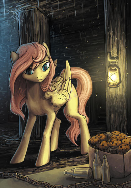 Size: 2045x2931 | Tagged: safe, artist:koviry, derpibooru import, fluttershy, pegasus, pony, g4, bottle, cave, chains, fanfic art, female, folded wings, food, image, jpeg, lantern, looking at something, looking down, mare, mine, muffin, solo, three quarter view, wings