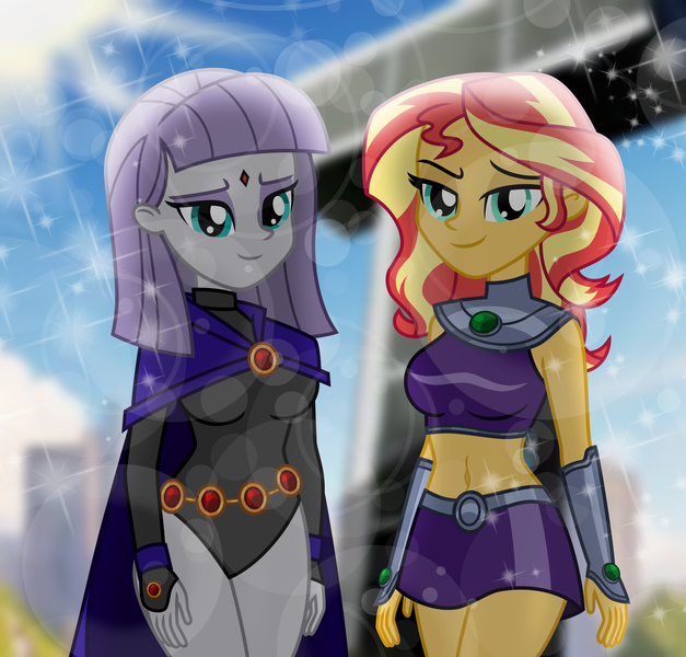 Size: 6642x6360 | Tagged: safe, artist:charliexe, artist:emeraldblast63, artist:theretroart88, derpibooru import, maud pie, sunset shimmer, human, equestria girls, g4, belly, belly button, breasts, cape, clothes, cosplay, costume, dc comics, duo, duo female, female, gloves, humanized, image, midriff, png, raven (dc comics), skirt, starfire, teen titans