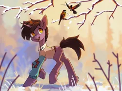 Size: 1949x1454 | Tagged: safe, artist:koviry, derpibooru import, oc, oc:kara, unofficial characters only, bird, pony, unicorn, clothes, horn, image, jpeg, solo, winter