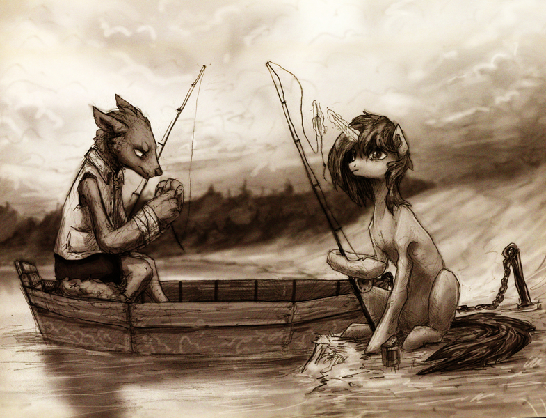 Size: 2361x1805 | Tagged: safe, artist:koviry, derpibooru import, oc, oc:sandy vain, unofficial characters only, diamond dog, boat, fishing, fishing rod, image, jpeg, lake, water