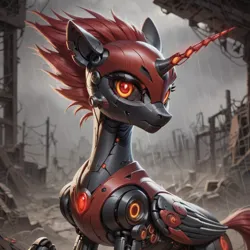 Size: 1024x1024 | Tagged: safe, ai content, derpibooru import, machine learning generated, alicorn, robot, image, png, prompter:teonanakatle, roboticization, solo, wasteland