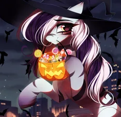 Size: 5865x5645 | Tagged: safe, artist:krissstudios, derpibooru import, oc, oc:purapoint, unofficial characters only, earth pony, pony, cute, earth pony oc, halloween, hat, holiday, image, png, pony oc, pumpkin bucket, witch hat