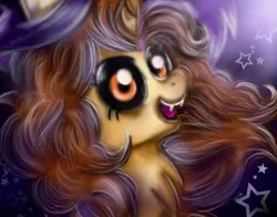 Size: 920x720 | Tagged: safe, artist:mashee, derpibooru import, oc, pony, unicorn, bad teeth, black eyeshadow, black sclera, brown mane, cheerful, chest fluff, clothes, costume, curly hair, demon eyes, eyeshadow, female, halloween, halloween costume, hat, holiday, horn, image, long hair, looking at you, makeup, moonlight, night, night background, nightmare night, open mouth, original style, png, ponysona, simple background, smiling, solo, stars, titan luz, vampire teeth, witch, witch hat, yellow coat