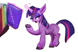 Size: 2000x1333 | Tagged: safe, artist:winpuss, derpibooru import, twilight sparkle, pony, unicorn, g4, book, female, image, jpeg, magic, mare, simple background, solo, telekinesis, unicorn twilight, white background