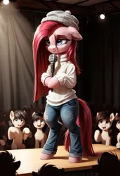 Size: 800x1169 | Tagged: safe, ai content, derpibooru import, machine learning generated, prompter:gregorymars, stable diffusion, pinkie pie, pony, semi-anthro, g4, 8 mile, bipedal, clothes, crowd, denim, eminem, female, generator:pony diffusion v6 xl, hat, image, jeans, jpeg, mare, microphone, pants, pinkamena diane pie, rap battle, rapper pie, solo, stage, standing, sweater, tired