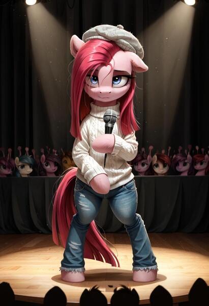 Size: 800x1169 | Tagged: safe, ai content, derpibooru import, machine learning generated, prompter:gregorymars, stable diffusion, pinkie pie, pony, semi-anthro, g4, 8 mile, bipedal, clothes, crowd, denim, eminem, female, generator:pony diffusion v6 xl, hat, image, jeans, jpeg, mare, microphone, pants, pinkamena diane pie, rap battle, rapper pie, solo, stage, standing, sweater, tired