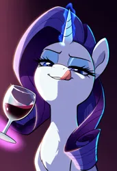 Size: 832x1216 | Tagged: safe, ai content, anonymous artist, derpibooru import, machine learning generated, rarity, pony, alcohol, female, glass, glow, glowing horn, horn, image, licking, licking lips, lidded eyes, lighting, looking at you, magic, mare, png, simple background, solo, telekinesis, tongue out, wine