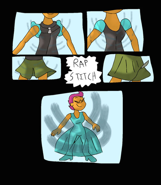 Size: 1024x1174 | Tagged: safe, artist:mojo1985, derpibooru import, scootaloo, human, equestria girls, g4, cinderella, clothes, comic, dress, eyes closed, glass slipper (footwear), gown, image, jpeg, magic, poofy shoulders, smiling, stitching, transformation, transformation sequence, transforming clothes