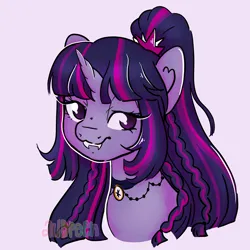 Size: 2100x2100 | Tagged: safe, artist:lullalay, derpibooru import, twilight sparkle, twilight sparkle (alicorn), alicorn, bat pony, bat pony alicorn, bat pony unicorn, hybrid, pony, unicorn, bat ponified, bat wings, bust, choker, female, horn, image, jewelry, mane, necklace, png, ponytail, portrait, purple background, race swap, simple background, smiling, unicorn twilight, updo, wings