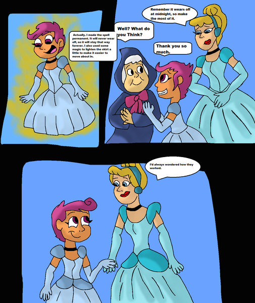 Size: 1280x1520 | Tagged: safe, artist:mojo1985, derpibooru import, scootaloo, human, equestria girls, g4, adopted, adopted daughter, adopted offspring, choker, cinderella, clothes, crossover, cute, cutealoo, dialogue in the description, dress, evening gloves, fairy godmother, gloves, gown, grin, hair bun, hairband, hands together, holding hands, image, lipstick, long gloves, looking at each other, looking at someone, open mouth, open smile, png, poofy shoulders, scootadoption, scootalove, smiling, smiling at each other, trio