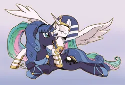 Size: 1843x1252 | Tagged: safe, artist:yukandasama, derpibooru import, idw, princess celestia, princess luna, alicorn, pony, g4, reflections, spoiler:comic, alternate hairstyle, alternate universe, artemis luna, egyptian, egyptian headdress, egyptian pony, eyes closed, female, image, jpeg, mare, mirror universe, ra celestia