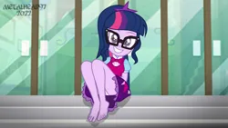 Size: 8000x4500 | Tagged: suggestive, artist:metalhead97, ponerpics import, twilight sparkle, equestria girls, barefoot, breasts, canterlot high, clothes, cutie mark, cutie mark hair accessory, cutie mark on clothes, date (time), feet, female, glass door, glasses, image, looking at you, outdoors, png, signature, sitting, skirt, smiling, stairs, toes, upskirt, white panties