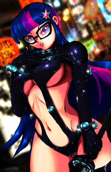 Size: 1970x3045 | Tagged: questionable, artist:animeclaro, derpibooru import, sci-twi, twilight sparkle, human, equestria girls, g4, 2018, belly, belly button, big breasts, breasts, busty twilight sparkle, cameltoe, chinatown, clothes, deviantart watermark, female, gantz, glasses, glow, image, jpeg, latex, looking at you, midriff, night, obtrusive watermark, old art, open clothes, side slit, sideboob, skimpy outfit, solo, staff, tight clothing, watermark