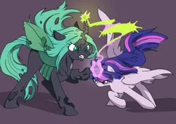 Size: 456x321 | Tagged: safe, artist:yukandasama, derpibooru import, queen chrysalis, twilight sparkle, twilight sparkle (alicorn), alicorn, changeling, changeling queen, pony, g4, female, fight, good vs evil, image, mare, png