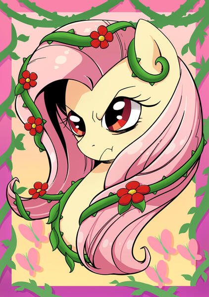 Size: 1204x1712 | Tagged: safe, artist:yukandasama, derpibooru import, fluttershy, pony, g4, ponies of dark water, badass, bust, evil fluttershy, female, flutterbadass, image, jpeg, looking away, mare, obtrusive watermark, poison ivyshy, portrait, solo, vine, watermark