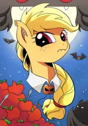 Size: 1204x1712 | Tagged: safe, artist:yukandasama, derpibooru import, applejack, bat, bat pony, pony, g4, night of the living apples, spoiler:comic, apple, applebat, bat ponified, braid, female, food, friendship is magic #33, image, jpeg, looking at you, mare, race swap, solo