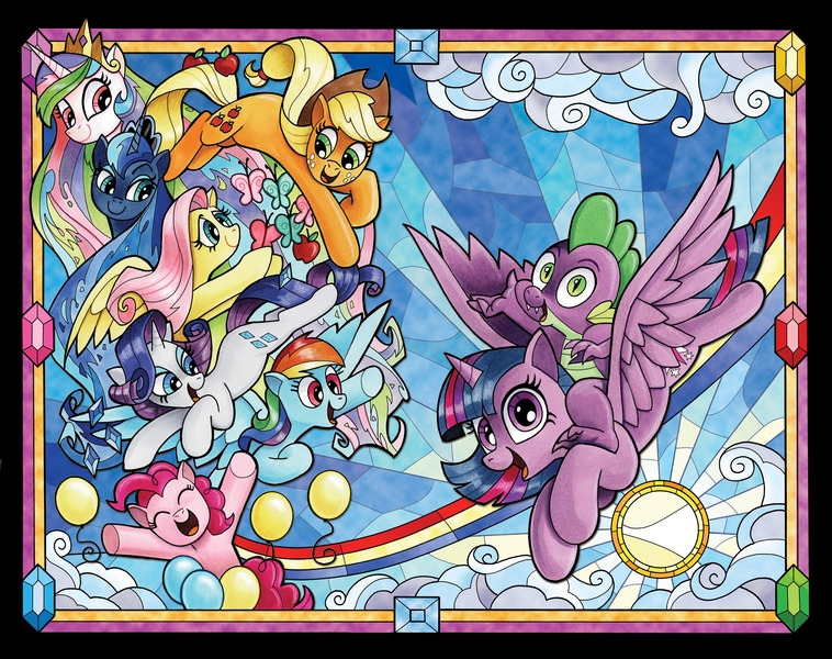 Size: 2400x1900 | Tagged: safe, artist:andy price, derpibooru import, idw, applejack, fluttershy, pinkie pie, princess celestia, princess luna, rainbow dash, rarity, spike, twilight sparkle, twilight sparkle (alicorn), alicorn, butterfly, dragon, earth pony, insect, pegasus, pony, unicorn, g4, apple, balloon, cloud, comic cover, cover, cover art, deviantart watermark, dragons riding ponies, female, flying, food, frame, gemstones, horn, image, jpeg, looking at each other, looking at someone, looking at you, male, mane seven, mane six, mare, obtrusive watermark, rainbow, riding, riding a pony, smiling, stained glass, sun, sunshine, watermark, wrap around