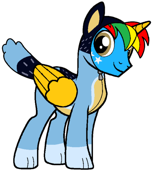 Size: 570x632 | Tagged: safe, artist:shieldwingarmorofgod, derpibooru import, oc, oc:shield wing, unofficial characters only, alicorn, alicorn oc, bandit heeler, bluey, dog costume, horn, image, png, wings