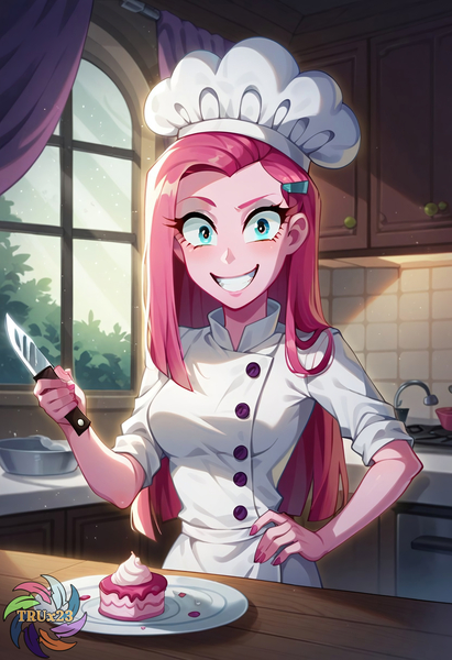 Size: 2496x3648 | Tagged: semi-grimdark, ai content, derpibooru import, generator:civitai, machine learning generated, prompter:trux23, pinkie pie, human, equestria girls, g4, chef outfit, chef's hat, cupcake, food, hat, image, indoors, jpeg, knife, looking at you, pinkamena diane pie, smiling, smiling at you, solo