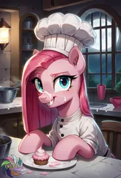 Size: 2496x3648 | Tagged: safe, ai content, derpibooru import, generator:civitai, machine learning generated, prompter:trux23, pinkie pie, pony, g4, chef outfit, chef's hat, cupcake, food, hat, image, indoors, jpeg, looking at you, pinkamena diane pie, smiling, smiling at you, solo