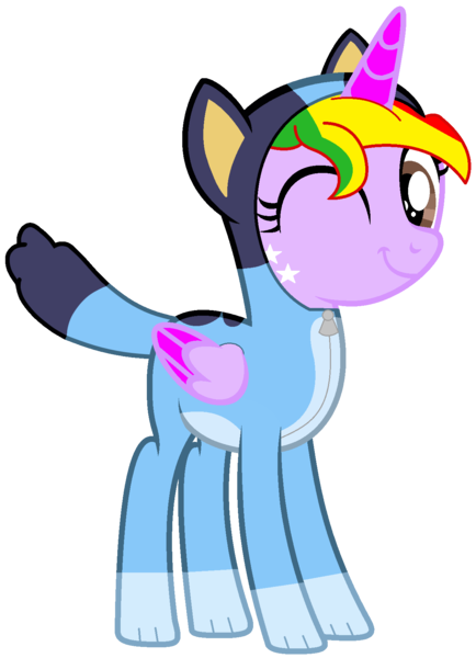 Size: 1248x1726 | Tagged: safe, artist:shieldwingarmorofgod, derpibooru import, oc, oc:starling shield, unofficial characters only, alicorn, alicorn oc, bluey, bluey heeler, dog costume, fefmale, horn, image, png, simple background, transparent background, wings