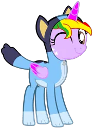 Size: 1248x1726 | Tagged: safe, artist:shieldwingarmorofgod, derpibooru import, oc, oc:starling shield, unofficial characters only, alicorn, alicorn oc, bluey, bluey heeler, dog costume, fefmale, horn, image, png, simple background, transparent background, wings