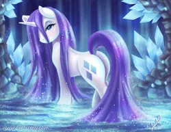 Size: 2786x2153 | Tagged: safe, artist:amelie-ami-chan, derpibooru import, rarity, pony, unicorn, g4, butt, crystal, female, hair over one eye, horn, image, jpeg, looking at you, mare, plot, solo, water, wet, wet mane, wet mane rarity