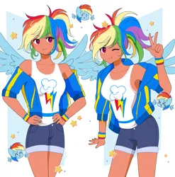 Size: 3545x3591 | Tagged: safe, artist:kittyrosie, derpibooru import, kotobukiya, rainbow dash, human, pegasus, pony, :p, breasts, clothes, cute, dashabetes, female, grin, hoodie, humanized, image, kotobukiya rainbow dash, mare, open mouth, png, shorts, smiling, solo, tan skin, tanktop, tongue out, winged humanization, wings