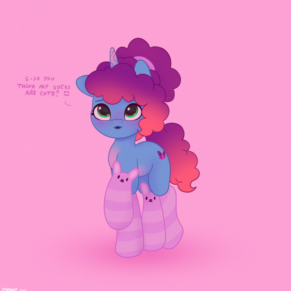 Size: 2480x2480 | Tagged: safe, artist:starburstuwu, derpibooru import, pony, unicorn, g5, alternate hairstyle, blushing, clothes, cute, dialogue, female, high res, horn, image, jpeg, mare, misty brightdawn, mistybetes, pink background, raised hoof, rebirth misty, simple background, socks, solo, striped socks, talking to viewer