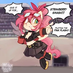 Size: 1100x1100 | Tagged: safe, artist:cuiicie, derpibooru import, oc, oc:strawberry splash, unofficial characters only, pegasus, pony, clothes, female, flying, image, jpeg, socks, solo, thigh highs