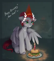 Size: 1504x1700 | Tagged: safe, artist:moewwur, artist:rin-mandarin, derpibooru import, oc, oc:void, unofficial characters only, pegasus, pony, birthday, burger, candle, choker, female, food, full body, green mane, hair bun, hay burger, image, jewelry, laurel wreath, mare, necklace, nose piercing, pegasus oc, piercing, png, potato, solo, wings