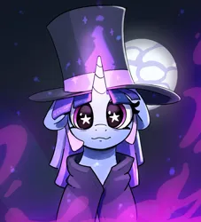 Size: 2139x2357 | Tagged: safe, artist:pabbley, derpibooru import, oc, oc:flawless sparklemoon, pony, unicorn, bust, cape, clothes, female, floppy ears, full moon, fusion, fusion:trixie, fusion:twilight sparkle, fusion:twixie, glow, glowing horn, hat, horn, image, jpeg, looking at you, mare, moon, my little pony the movie: the death of twilight sparkle, smiling, smiling at you, solo, starry eyes, top hat, wingding eyes