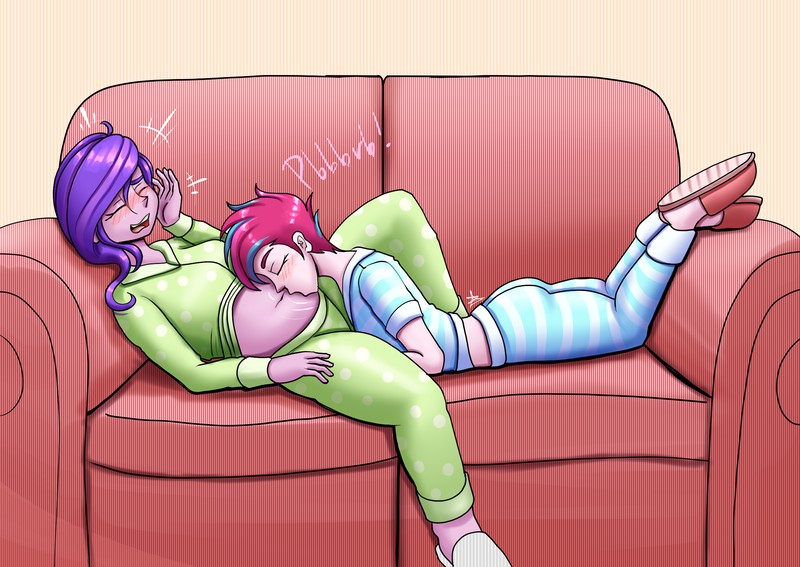 Size: 2400x1700 | Tagged: safe, artist:zachc, derpibooru import, pipp petals, zipp storm, human, equestria girls, g4, g5, belly, belly button, clothes, commission, couch, duo, equestria girls-ified, eyes closed, female, image, lying down, open mouth, open smile, pajamas, png, prone, raspberry, siblings, sisters, smiling, tongue out, tummy buzz