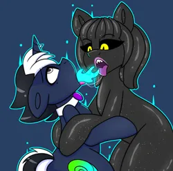 Size: 4704x4640 | Tagged: safe, artist:askhypnoswirl, derpibooru import, oc, oc:hypno swirl, unofficial characters only, goo, goo pony, original species, unicorn, bowtie, dead eyes, duo, duo male and female, female, horn, image, male, png, soul eater, unicorn oc