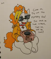 Size: 2844x3299 | Tagged: safe, artist:jargon scott, derpibooru import, oc, oc:dyx, alicorn, pony, alicorn oc, box, choker, clothes, dialogue, female, filly, foal, horn, image, jacket, jpeg, open mouth, open smile, sitting, smiling, solo, sunglasses, traditional art, underhoof, wings