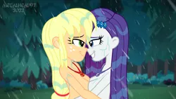 Size: 8000x4500 | Tagged: suggestive, artist:metalhead97, ponerpics import, applejack, rarity, equestria girls, breasts, breasts touching, female, image, looking at each other, nudity, png, rain