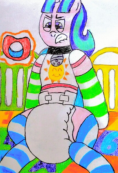 Size: 2142x3128 | Tagged: safe, artist:bitter sweetness, derpibooru import, starlight glimmer, unicorn, g4, abdl, adult foal, baby mat, clothes, diaper, diaper fetish, fetish, gritted teeth, high res, horn, image, jpeg, levitation, looking at you, magic, non-baby in diaper, pacifier, poofy diaper, simple background, socks, striped socks, teeth, telekinesis, traditional art, white background