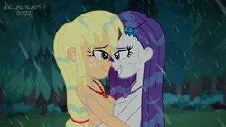 Size: 8000x4500 | Tagged: suggestive, artist:metalhead97, ponerpics import, applejack, rarity, equestria girls, breasts, breasts touching, duo, duo female, female, image, looking at each other, png, rain