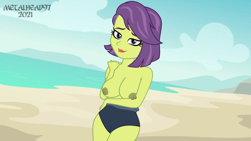 Size: 8000x4500 | Tagged: questionable, artist:metalhead97, ponerpics import, victoria, equestria girls, beach, breasts, busty victoria, clothes, female, image, looking at you, nipples, nudity, png, shorts, swimsuit