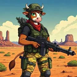 Size: 1024x1024 | Tagged: safe, ai content, derpibooru import, generator:google imagen 3.0, machine learning generated, prompter:zerowinger, anthro, cow, series:g.i. pony: a real equestrian hero, them's fightin' herds, arizona (tfh), bandana, capt. claymore, clothes, community related, cosplay, costume, desert, fatigues, female, g.i. joe, gun, helmet, image, jpeg, machine gun, military uniform, solo, special mission brazil, uniform, vest, weapon