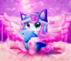 Size: 1047x890 | Tagged: safe, artist:camilla_, derpibooru import, princess flurry heart, alicorn, pony, g4, baby, baby pony, chewing, cute, eating, female, filly, flurrybetes, foal, glow, glowing horn, hat, holding, horn, image, looking at you, plushie, png, smiling, solo, spread wings, wings