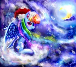 Size: 1700x1500 | Tagged: safe, artist:camilla_, derpibooru import, rainbow dash, pegasus, pony, g4, christmas, cloud, crescent moon, female, hat, holiday, image, jpeg, looking at you, mare, moon, night, on a cloud, santa hat, sitting, sitting on cloud, smiling, solo