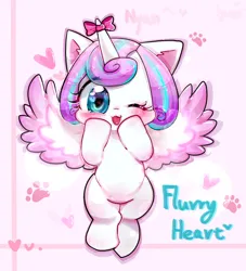 Size: 1450x1600 | Tagged: safe, artist:camilla_, derpibooru import, princess flurry heart, alicorn, pony, g4, baby, baby pony, blushing, bow, cute, daaaaaaaaaaaw, female, filly, flurrybetes, foal, horn, horn bow, image, jpeg, looking at you, one eye closed, solo, spread wings, weapons-grade cute, wings